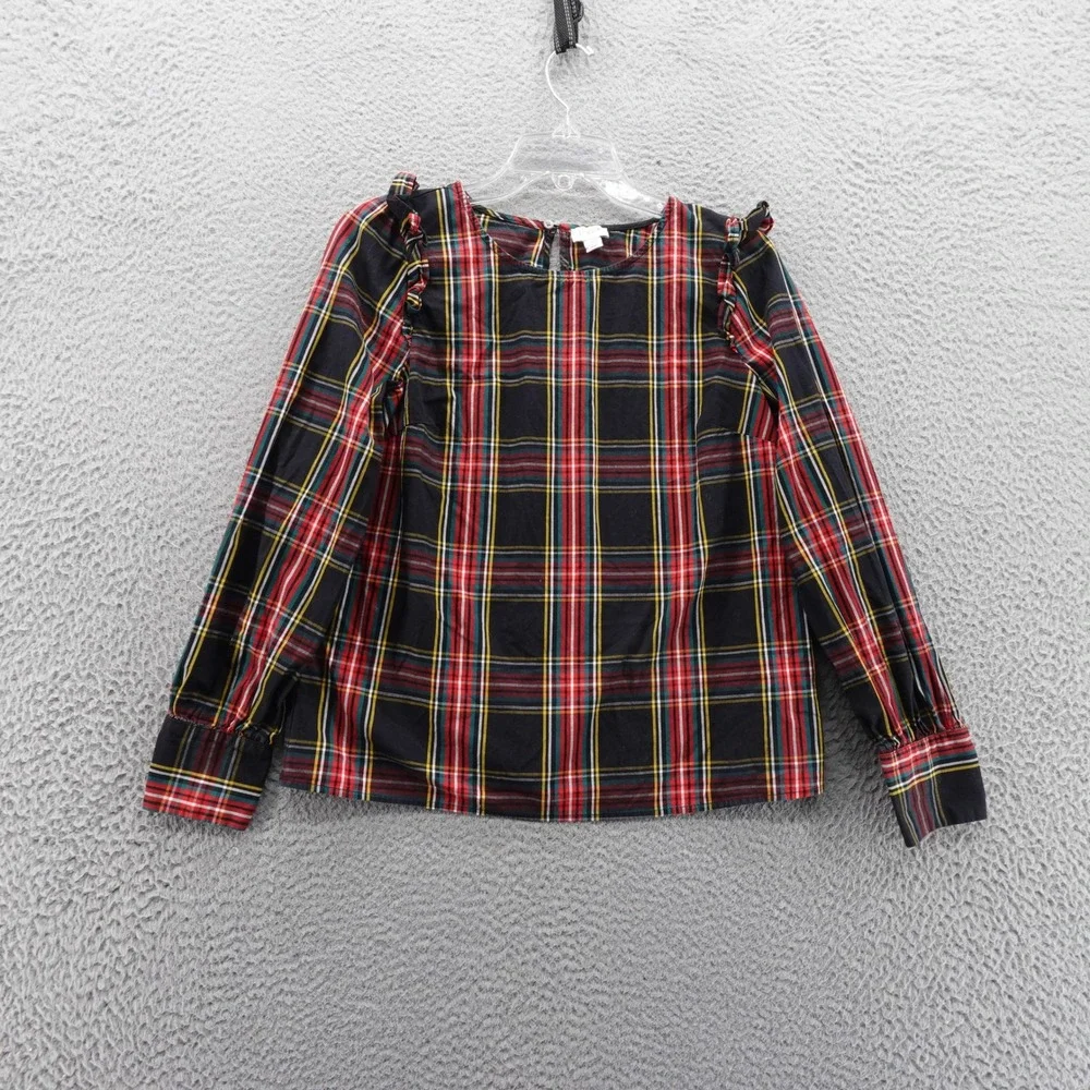 J Crew Plaid Ruffle Shoulder Blouse Small‎ Black Red Yellow Women Long Sleeve